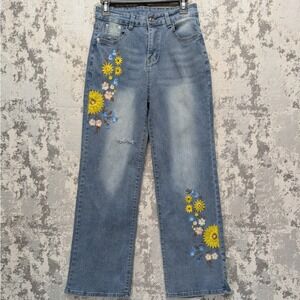 Wear Jeans Womens Embroidered Floral Wide Leg Jeans Light Wash Distressed Size M